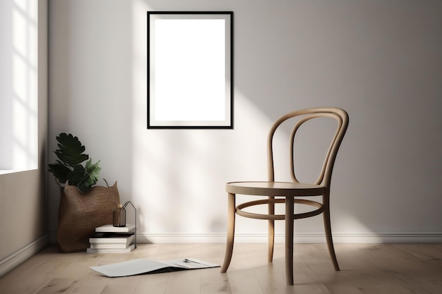 A wooden chair next to a black frame mockup