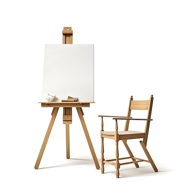 Photo a wooden chair and a easel with a white canvas on it