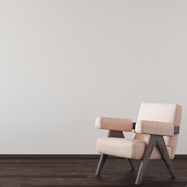 Wooden chair front of the white wall 3d render