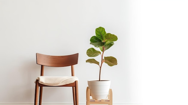 A wooden chair and a plant in a white pot