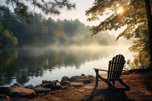 Wooden chair on the shore of a lake in the morning foggy forest