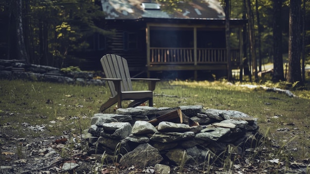 Photo a wooden chair sits empty by a stone fire pit in front of a secluded cabin in the woods evoking a sense of solitude and natural tranquility