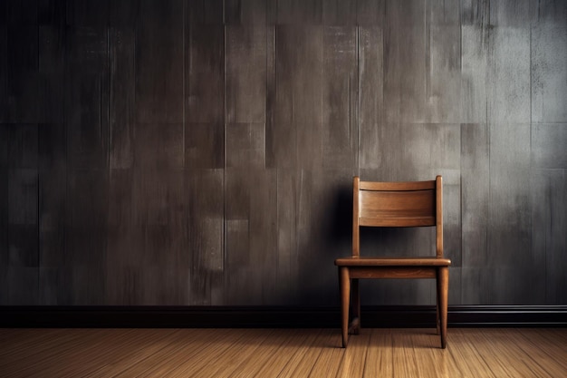 A wooden chair sits in front of a dark wall.