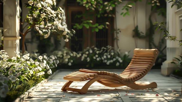 A wooden chair in a traditional British courtyard