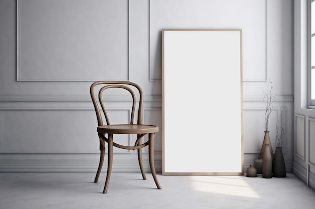 A wooden chair next to a white frame mockup