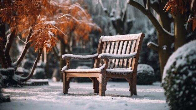 Wooden chair in the winter garden