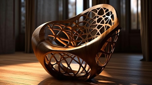 A wooden chair with a geometric design on the back sits on a table.