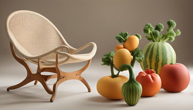 a wooden chair with a plant and a pot of squash next to it