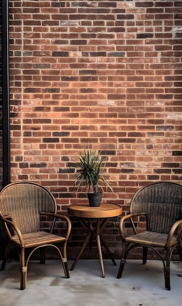 Wooden chairs and table in the living room with brick wall background