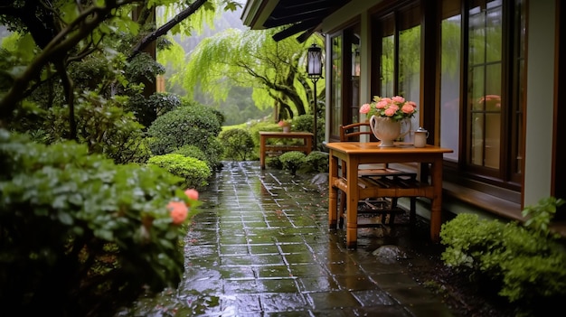 Wooden chairs and table on the terrace in the garden