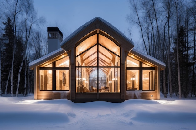 Wooden chalet in the alps on a cold winter evening