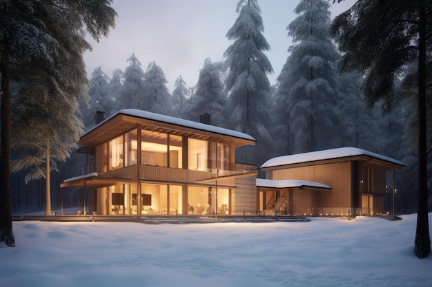 Wooden chalet in the alps on a cold winter evening