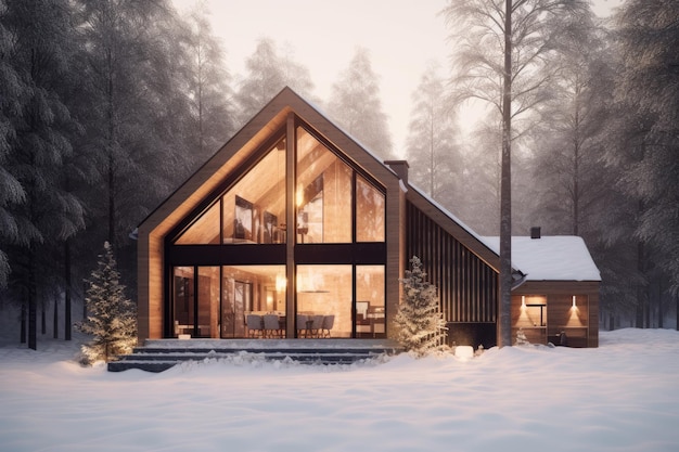 Wooden chalet in the alps on a cold winter evening