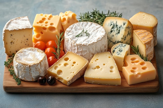 Photo a wooden cheese board with assorted cheeses isolated on a pastel blue background capturing the presentation of different cheese varieties