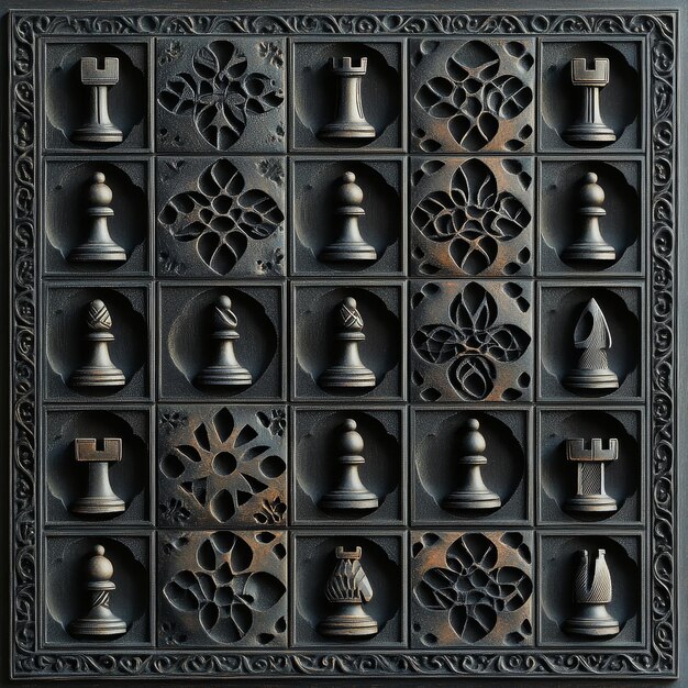 Photo wooden chess board with chess pieces 3d render illustration