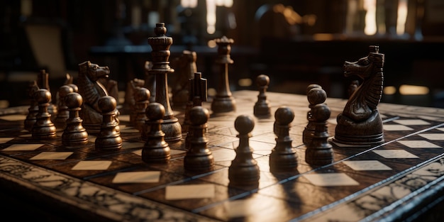 Wooden chess figures on desk Chessboard strategic game generative ai