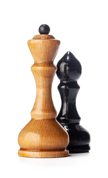 Wooden chess pieces close up isolated on white