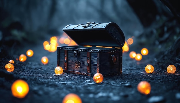 Photo a wooden chest sitting on the ground surrounded by candles