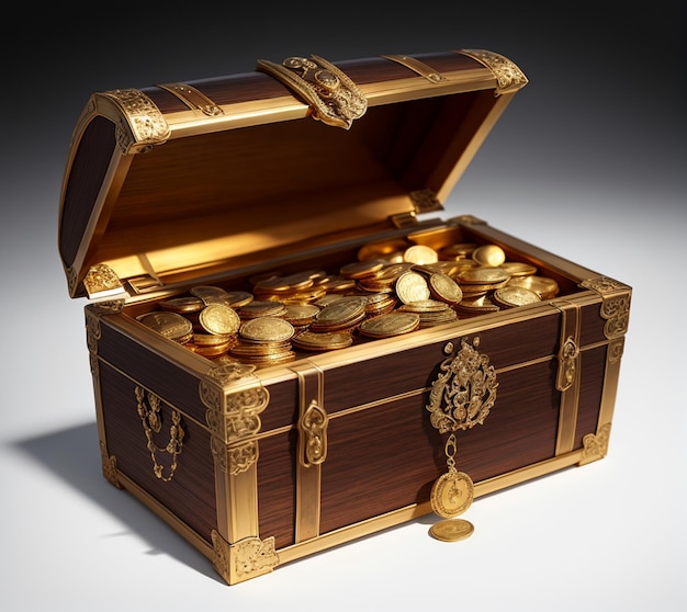 wooden chest with gold coins inside