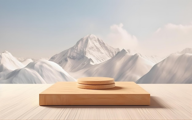 A wooden chopping board with a mountain in the background