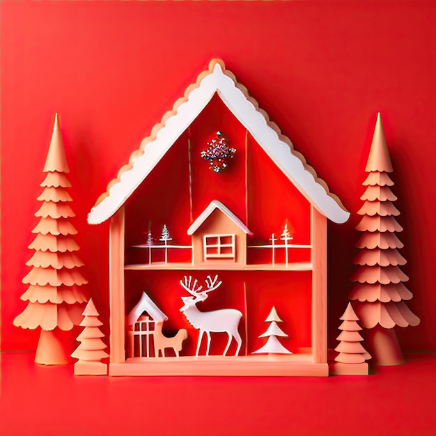 Wooden christmas decorations house fairy and deer on red background