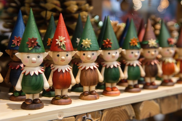 Photo wooden christmas elves with colorful hats standing in a row in a shop