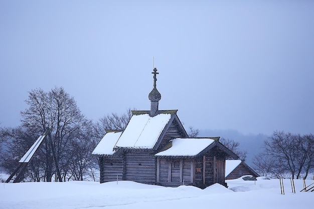 wooden church in Finland / winter landscape in Scandinavia view of the wooden church, old architecture