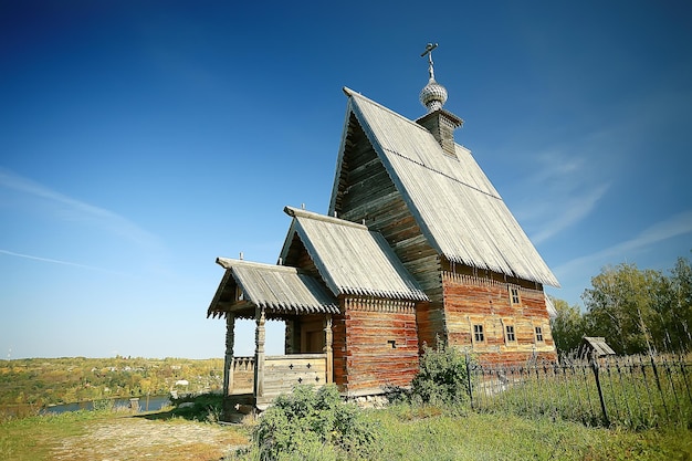 wooden church reach on the Volga / religion landscape in Russia