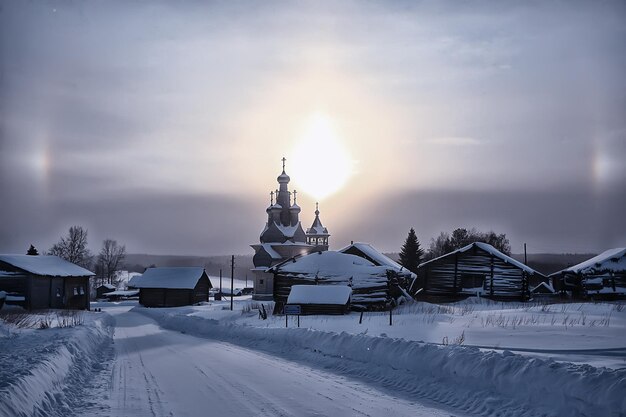 wooden church in the Russian north landscape in winter, architecture historical religion Christianity