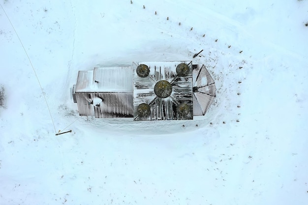 wooden church winter top view, landscape russian north architecture