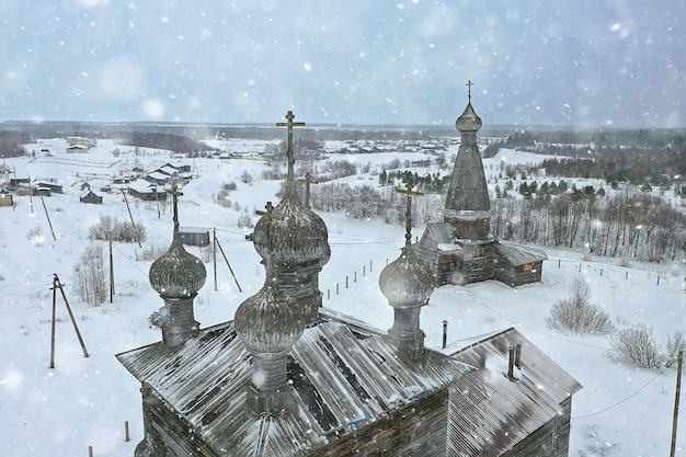 wooden church winter top view, landscape russian north architecture