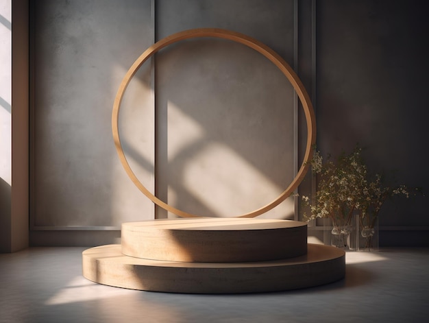 A wooden circle on a concrete floor