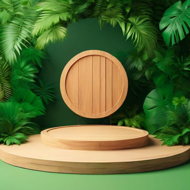 Wooden circle podium in tropical forest for product presentation and green background 3d rendering