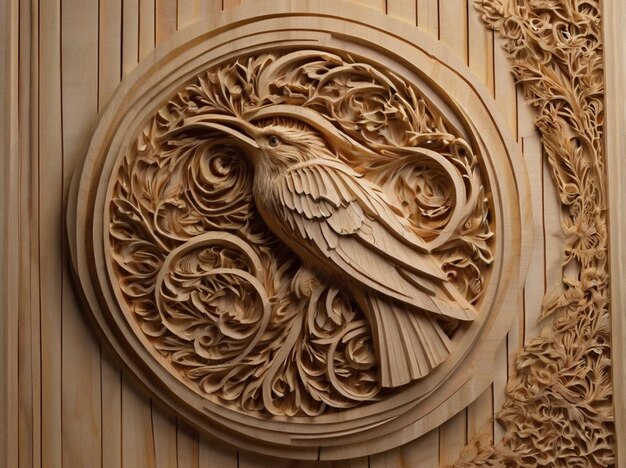 a wooden circle with a bird on it