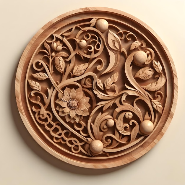 Wooden circle with a flower design ai generator