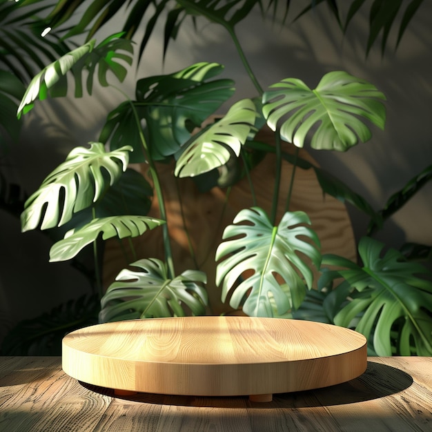 a wooden circle with a plant in the background