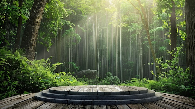 a wooden circle with water fountain in the middle of it