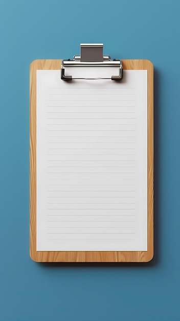 Photo wooden clipboard with blank paper on blue background