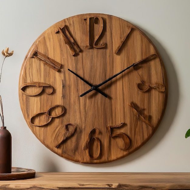 wooden clock and a clock on a table clock on a wall background