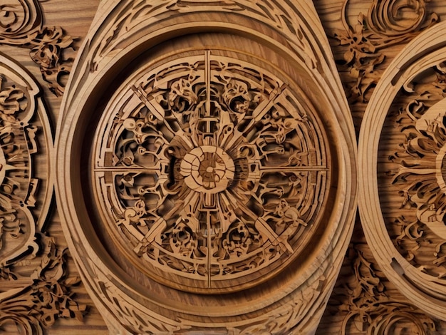 a wooden clock with a design that says the time of 12 00