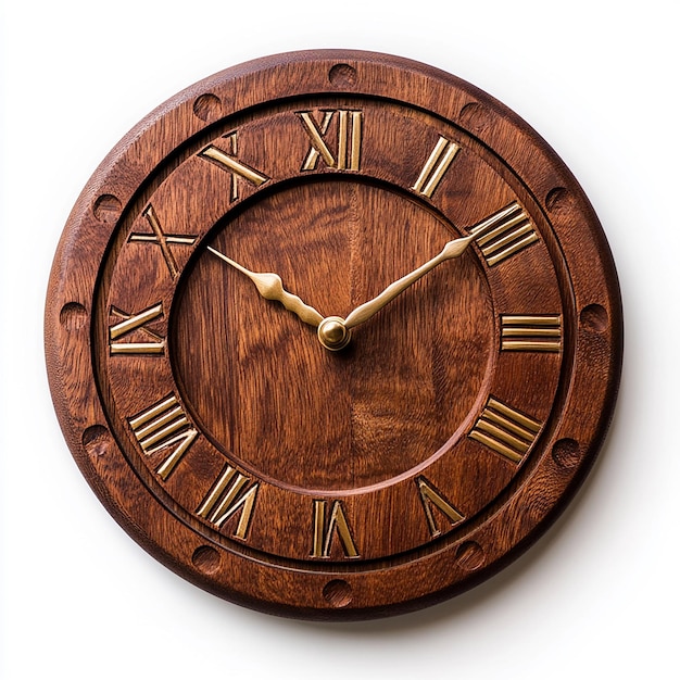 a wooden clock with roman numerals on it is showing the time as 12 05