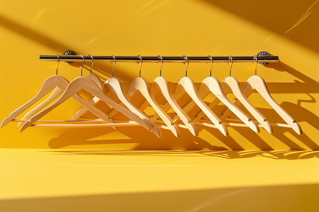 Photo wooden clothes hangers on yellow surface