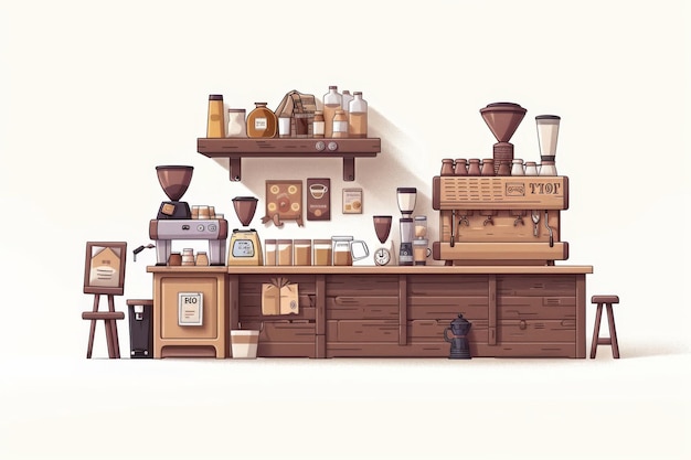 Wooden Coffee Bar with Various Brewing Equipment Highlighting a Rustic and Professional Setup