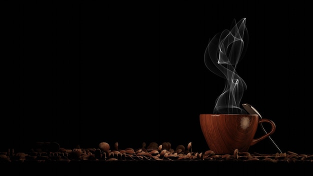 A wooden coffee cup with white hot steam on a coffee bean pile on a table 3D Rendering