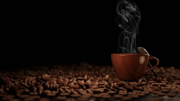 A wooden coffee cup with white hot steam on a coffee bean pile on a table 3D Rendering