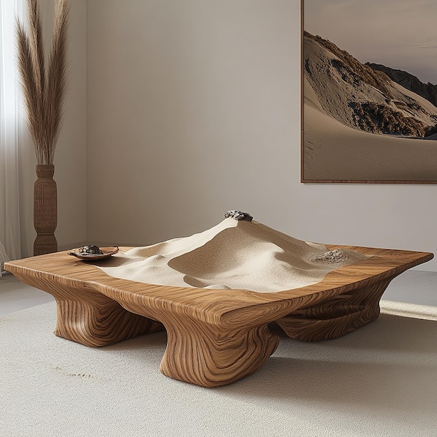 a wooden coffee table with a picture of a mountain in the background