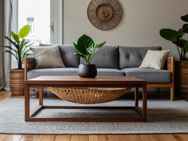 Wooden coffee table with with houseplant and wicker basket near grey sofa in living room