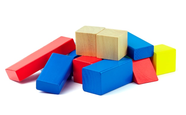 Wooden colorful bricks isolated on white background. Wooden toy building blocks