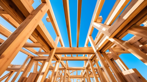 Photo wooden construction of the house against the blue sky