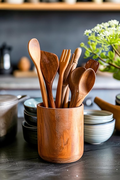 Wooden container holding several spoons and fork